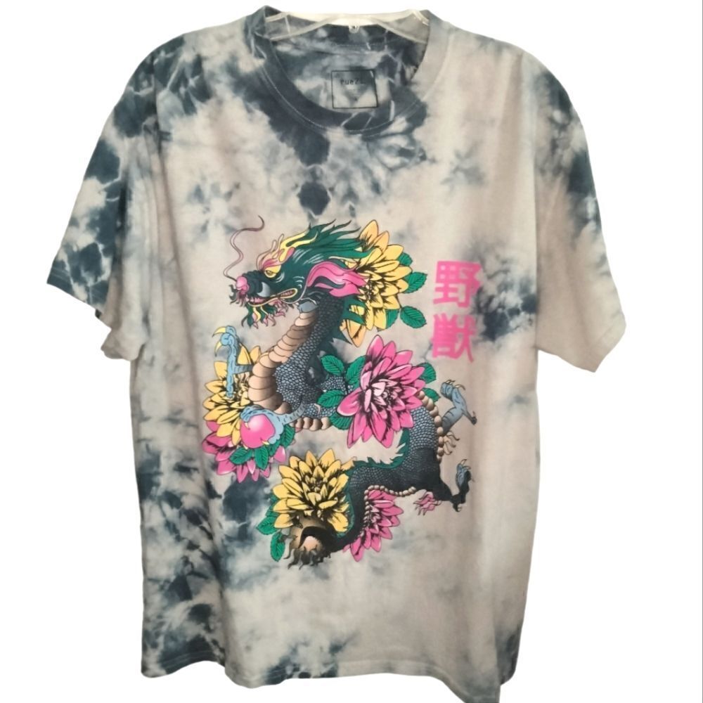 Rue 21 Tie Dye Graphic Tee Shirt Dragon Celebration Size 1X Blue White